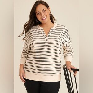 Maurices Striped Henley Pullover | Cream & Black | Size 1X | Cozy Oversized Swea